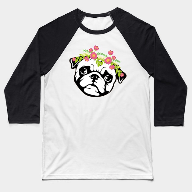 Cute face Pug + Flower crown Baseball T-Shirt by Pet & Nature Lovers